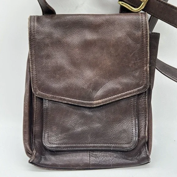 FOSSIL VTG Brown Soft Pebble Distress Leather Organizer Messngr Bag Purse 75082